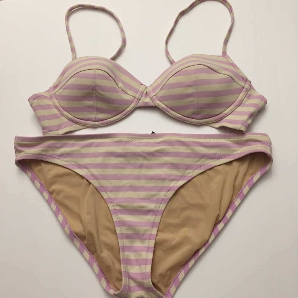 J. Crew stripe bikini swimsuit set lavender pink